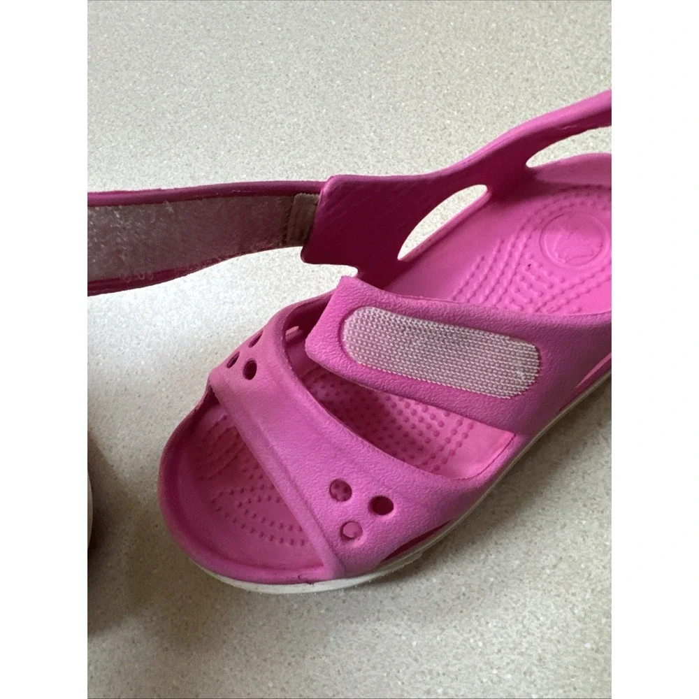 Crocs Crocband II Pink White Slip On Comfort Sandals Shoes Youth Girls Size 8